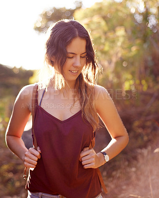 Buy stock photo Happy, girl and thinking for hiking on mountains with bush adventure, travel journey and exercise. Smile, woman and trekking trip in nature, fitness getaway and vacation exploration with destination 