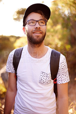 Buy stock photo Man, thinking and hiking in nature, exercise and outdoor travel for cardiovascular wellness. Holiday expedition, tourist and walking in wild forest, trekking and sightseeing journey for reflection