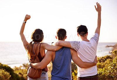 Buy stock photo Celebration, friends and people on vacation, view and waving for reunion in paradise, back and outdoor. Summer, love and embrace for relationship in nature, scenery and location for holiday in Greece