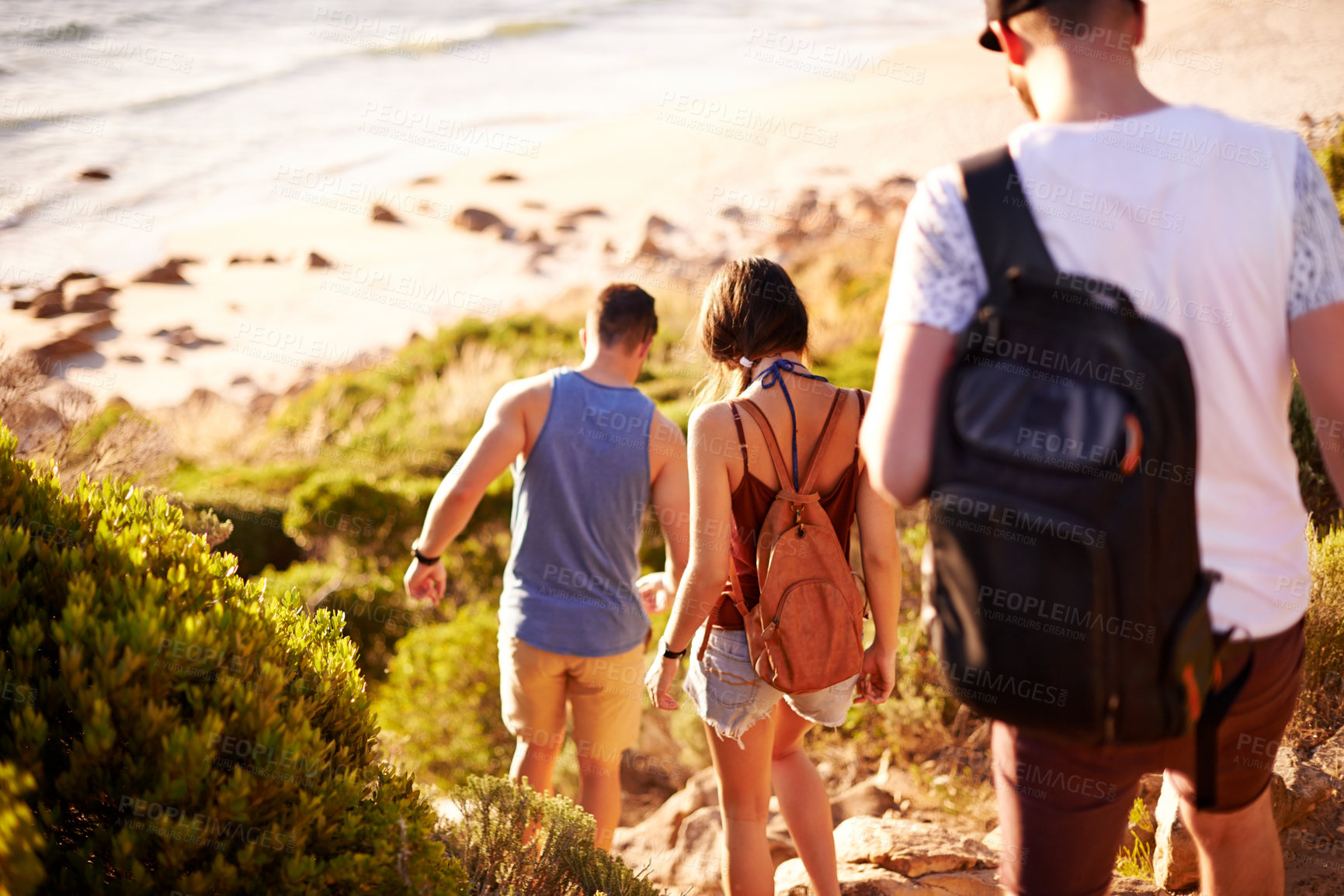 Buy stock photo Walking, travel and back of people by beach for journey, weekend trip or adventure on seaside vacation. Discovery, fun and group of friends by ocean for holiday or getaway in nature for bonding.