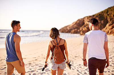 Buy stock photo Smile, friends and walking on beach outdoor of travel reunion, summer adventure and getaway. Group, people and ocean for holiday journey, tropical destination and bonding together of social gathering