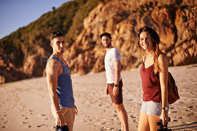 Buy stock photo Smile, people and portrait on beach outdoor for travel reunion, summer adventure and getaway. Happy, friends and ocean trip with holiday journey, island destination and bonding together for gathering