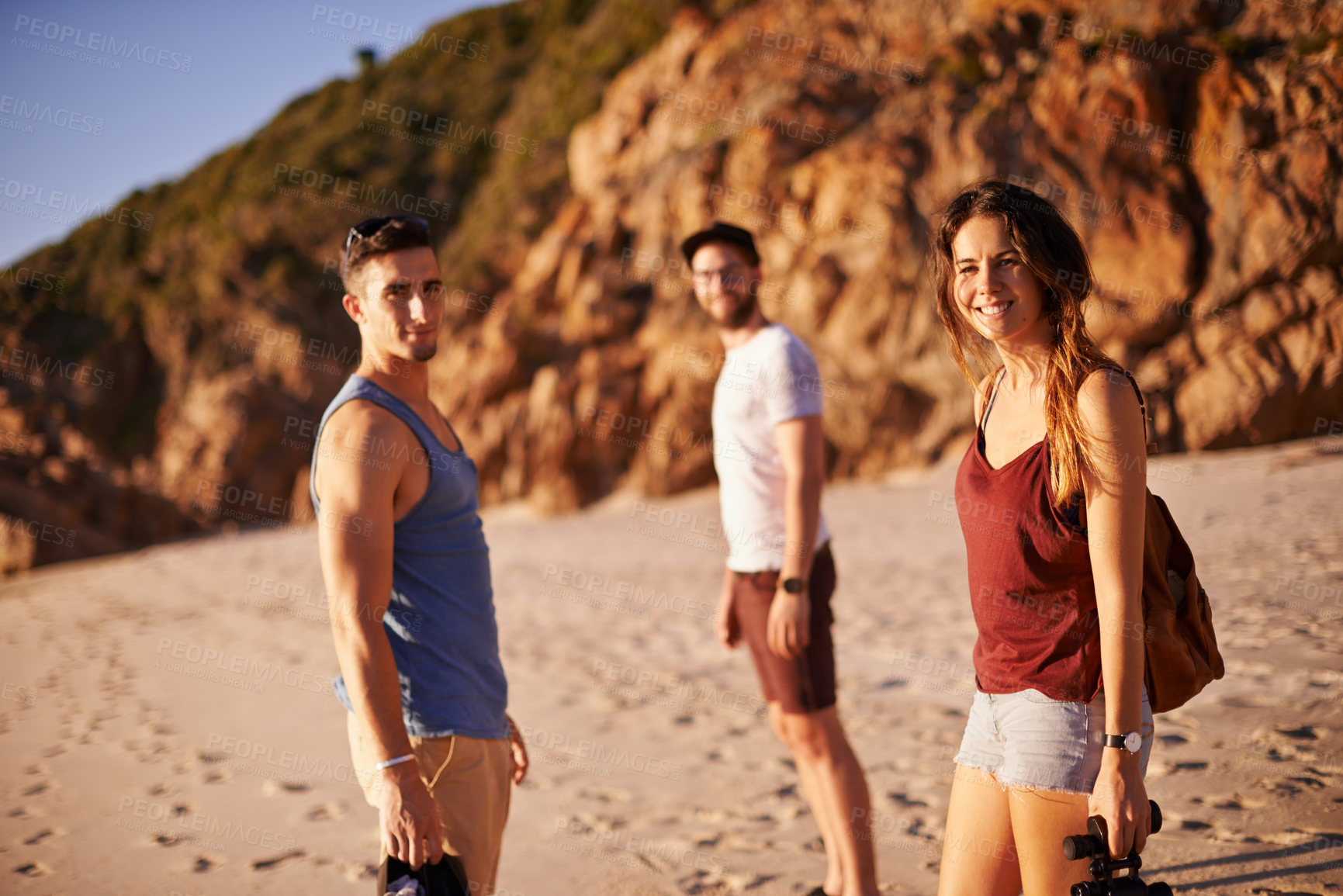 Buy stock photo Smile, people and portrait on beach outdoor for travel reunion, summer adventure and getaway. Happy, friends and ocean trip with holiday journey, island destination and bonding together for gathering