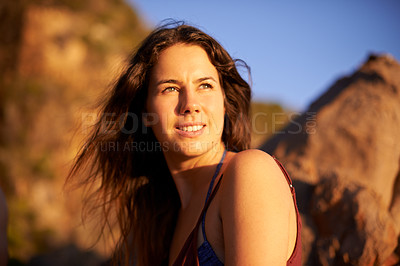 Buy stock photo Thinking, rock climber and woman on mountain, happy and adventure for girl in nature, outdoor or fitness. Summer, healthy and person on cliff for activity, travel or tourist with smile in environment