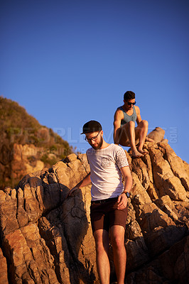 Buy stock photo Mountain, rock climbing and men in nature, blue sky and friends with hobby in environment and bonding. Outdoor, healthy and fitness for people on vacation, travel and location with scenery in summer