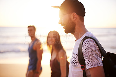 Buy stock photo Friends, man and walking on beach outdoor with travel reunion, summer adventure and getaway. Smile, group and ocean trip with holiday journey, island destination and bonding together for gathering

