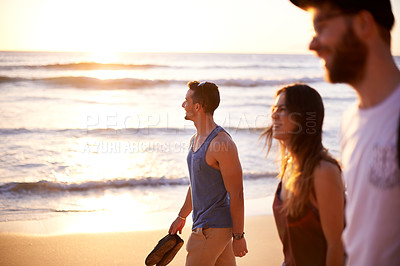 Buy stock photo Smile, friends and walking on sunset beach outdoor for travel reunion, summer adventure and getaway. Happy, people and ocean trip with holiday journey, tropical destination and bonding at gathering