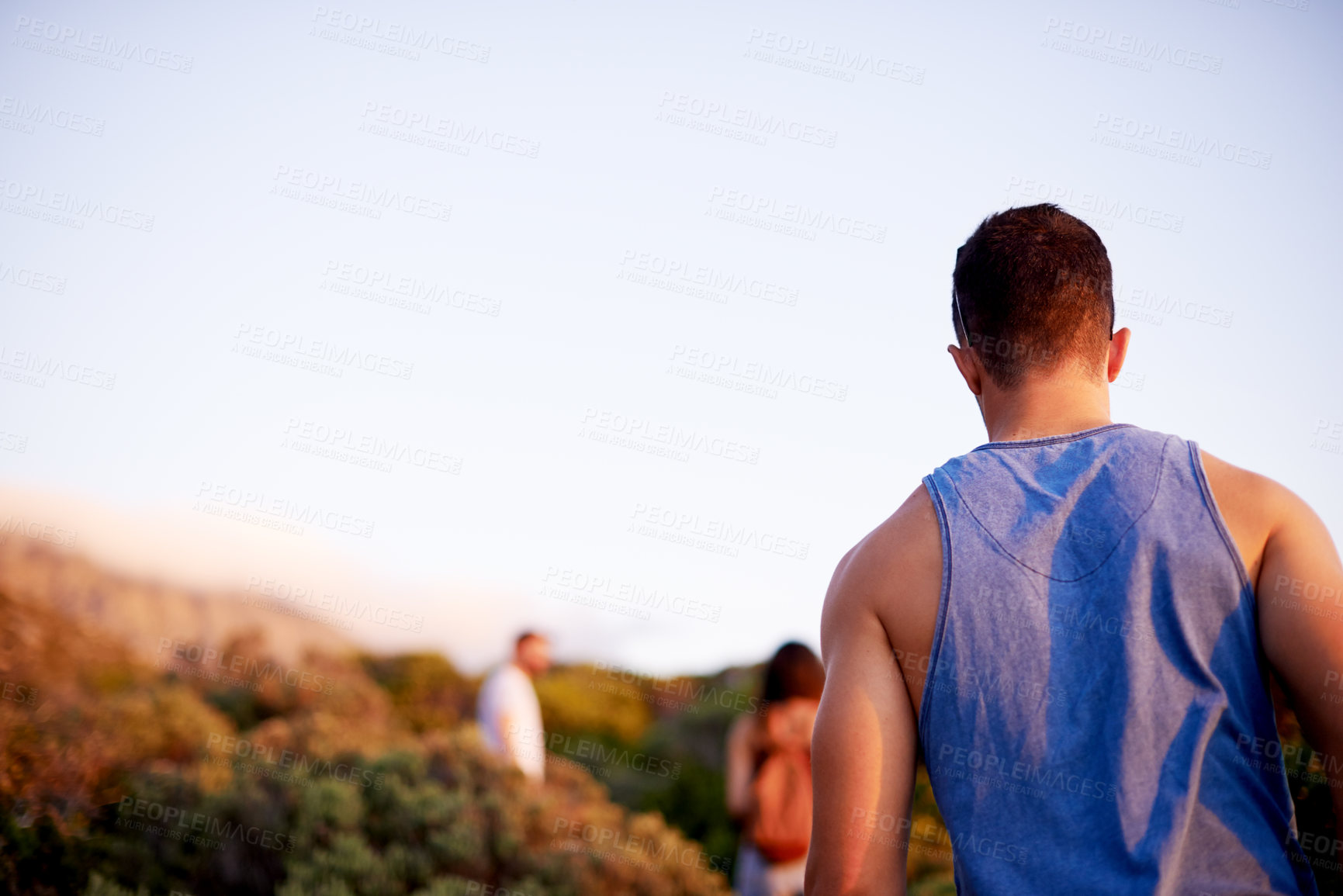 Buy stock photo Man, back and hike on mountain for countryside, travel or adventure to explore nature. Journey, group of friends and vacation with natural environment for walking, fitness hobby or bonding together