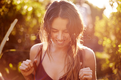 Buy stock photo Adventure, hiking and smile of woman in forest for exploration, journey or travel outdoor. Exercise, fitness and health with happy tourist person trekking or walking in nature for weekend wellness