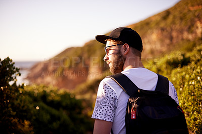 Buy stock photo Man, view and hiking trip in nature, fitness and outdoor travel for cardiovascular wellness. Sightseeing, tourist and walking in wilderness for peace, exercise journey and adventure or trekking