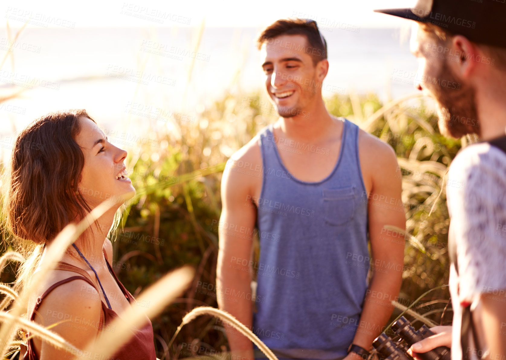 Buy stock photo Laughing, travel and relax with friends in nature for hiking, adventure group and summer vacation. Trekking, tour guide and eco tourism with people outdoors for environment, wildlife reserve and trip