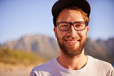 Buy stock photo Portrait, outdoor and man with smile, travel and vacation with glasses, break and explore. Face, person and traveller with eyewear, summer holiday and getaway trip with happiness, nature and Bali