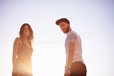 Buy stock photo Portrait, sky and couple with vacation, travel and bonding together with happiness, smile and romance. Face, outdoor and sunset with people, man and woman with marriage, summer holiday and adventure