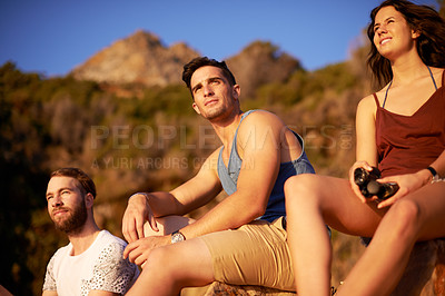 Buy stock photo Friends, view and hiking break in mountain for countryside, travel or adventure to explore nature. Relax, group of people and journey with natural environment for hiker, hobby and bonding together