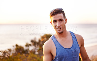 Buy stock photo Portrait, travel and hiking with man in nature for explore, summer vacation and adventure. Health, trekking and ocean with person outdoors on path for wellness, fitness journey and eco tourism