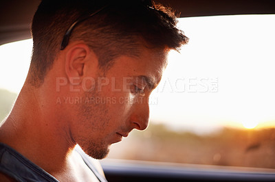Buy stock photo Man, relax and sunglasses in car of road trip adventure, sunset view and travel journey of vacation. Male person, rest and auto vehicle of summer holiday, sightseeing and drive outdoor of destination