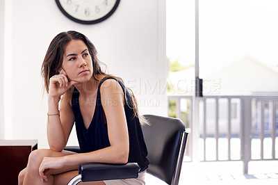 Buy stock photo Business woman, thinking and tired in office with serious decision, planning or problem solving in human resources. Worker or employee with contemplation, waiting or bored for time, work or stress