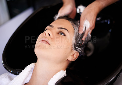 Buy stock photo Woman, shampoo and shower in salon with water, basin and cleaning for hygiene, foam and wellness. People, service and wash with soap for hair care with helping hand for cosmetics, change and growth