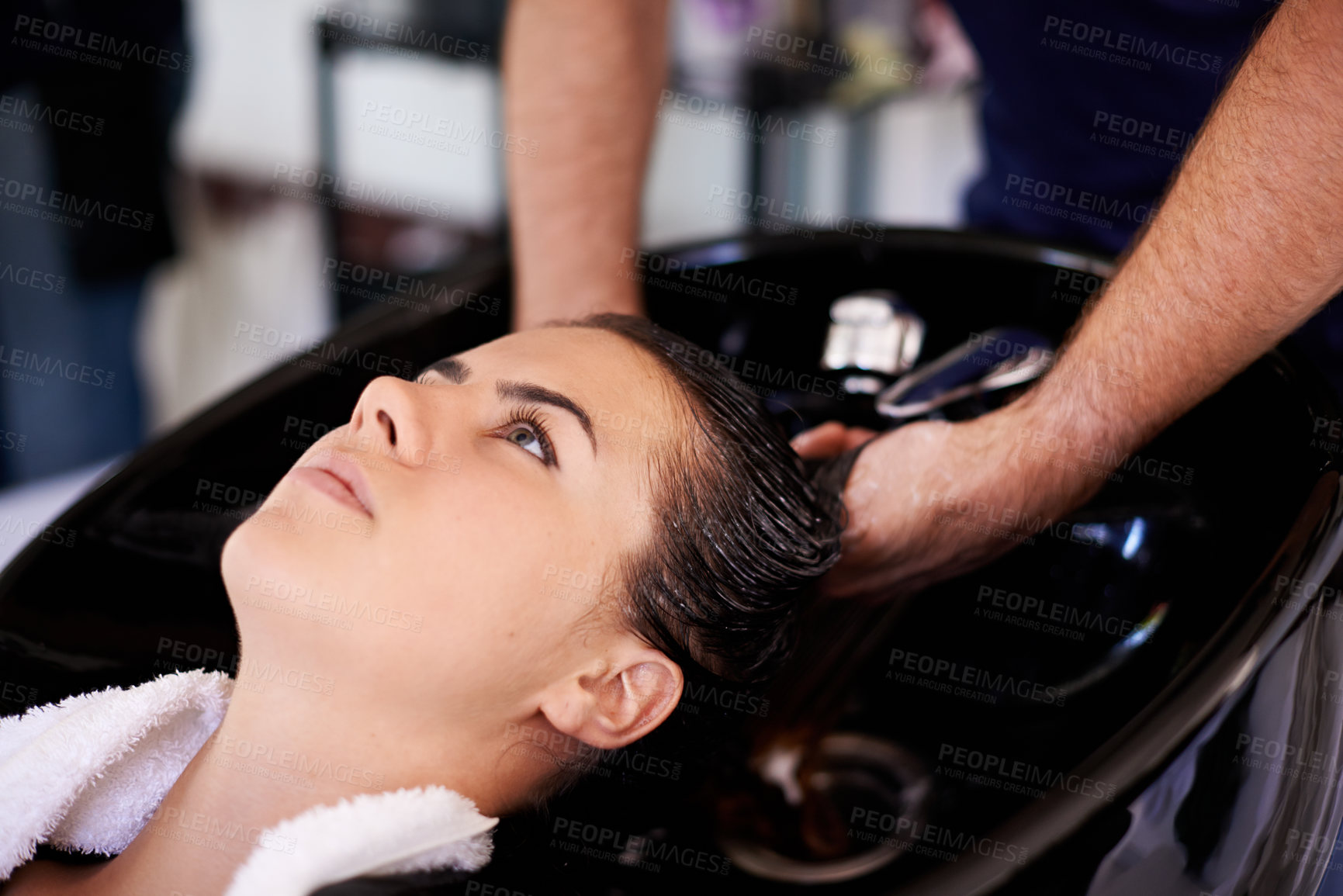 Buy stock photo Woman, cleaning and shower in hair salon with hands, basin and process for hygiene, routine and wellness. People, service and washing for care with cosmetics for transformation, change and growth