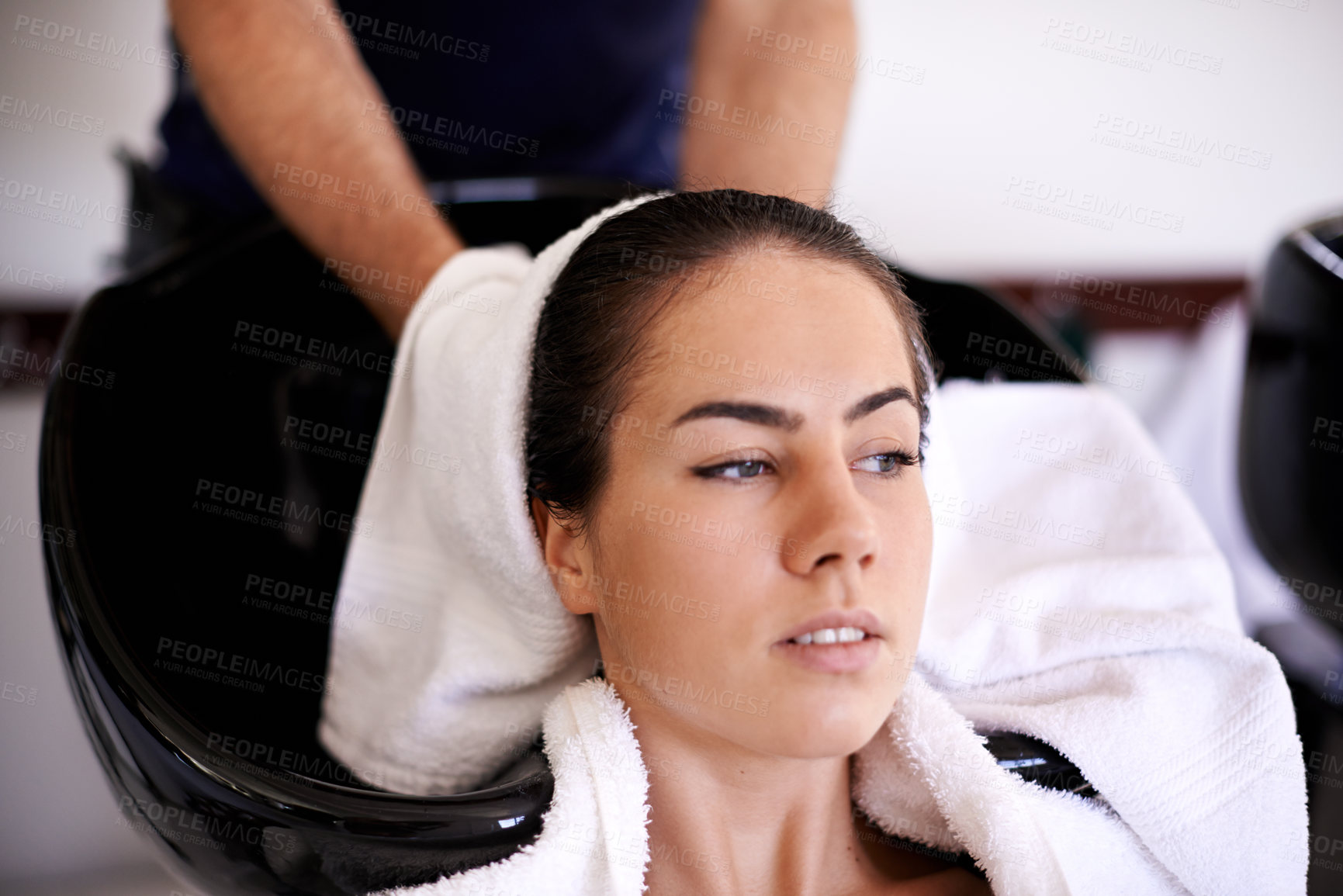 Buy stock photo Hair care, woman or hands of hairdresser in salon for drying scalp, healthy head or cleaning treatment. Spa appointment, towel or grooming service for client, girl or shampoo cosmetics for beauty