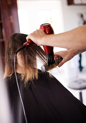 Buy stock photo Woman, hands and blow dry at hairdresser, cosmetic service and electric tool for heat treatment. Female person, client and appointment for hairstyle beauty, hair care and grooming for transformation