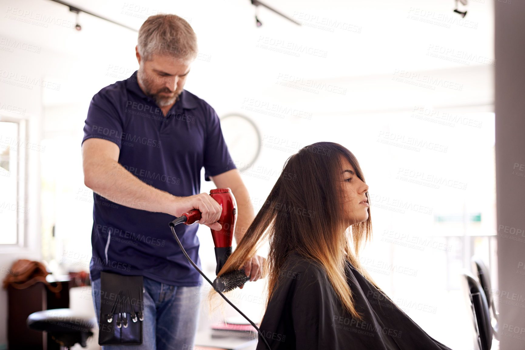 Buy stock photo Beauty, woman and male stylist with hairdryer in hairdresser for aesthetic change, hair makeover and smooth texture. Cosmetics, heat appliance and haircare with grooming appointment in small business