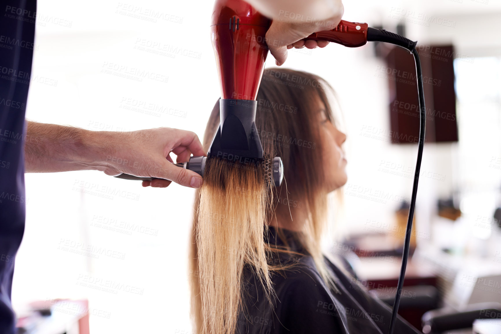 Buy stock photo Hair, salon and woman with hairdryer with hairdresser for wellness, beauty and cosmetics service. Parlor, beautician and worker with customer for maintenance, treatment and drying for hairstyle