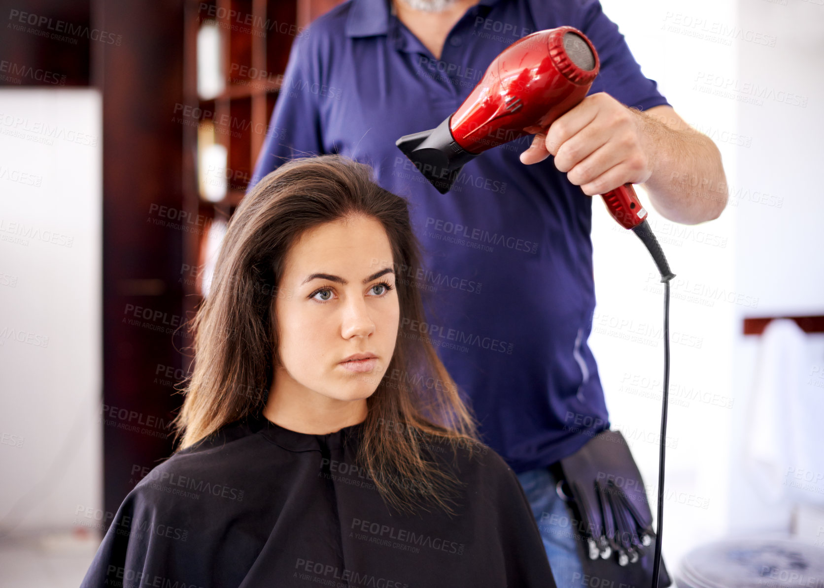 Buy stock photo Salon, dryer and hairdresser with woman client for volume, protein and deep conditioning treatment. Hair care, equipment and stylish with female person for blow out hairstyle in beauty parlor.