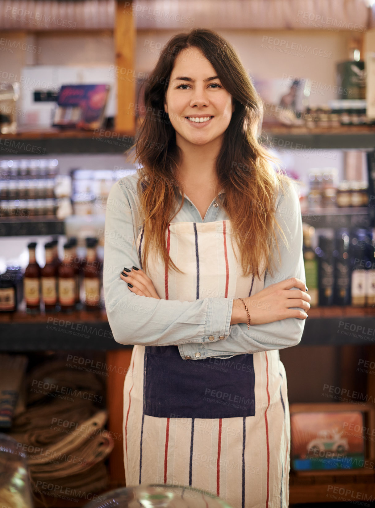 Buy stock photo Portrait, owner and happy woman in coffee shop, small business or welcome in hospitality industry. Barista, cafe or confident entrepreneur in startup franchise with arms folded for pride at pub in UK