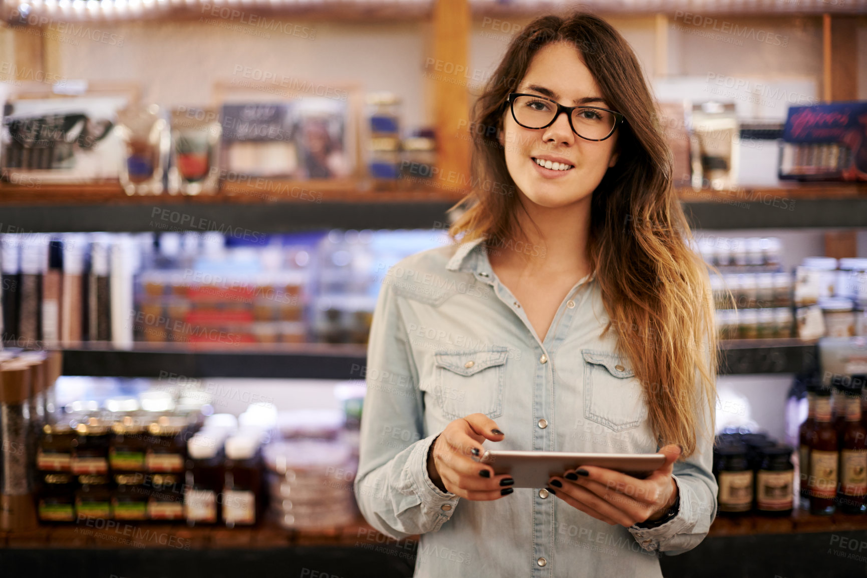Buy stock photo Woman, tablet and smile for small business, coffee shop and startup inventory check with online sales. Barista, portrait and digital website for internet store, retail service and quality control