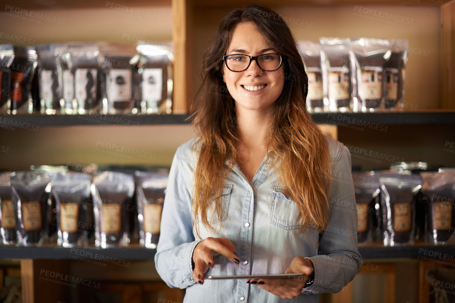 Buy stock photo Woman, tablet and portrait for small business, coffee shop and startup inventory check with online sales. Barista, checklist and digital website for internet store, retail service and quality control