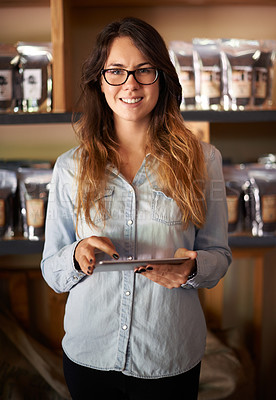 Buy stock photo Woman, tablet and portrait for inventory, coffee shop and startup small business with online sales check. Barista, checklist and digital website for internet store, retail service and quality control