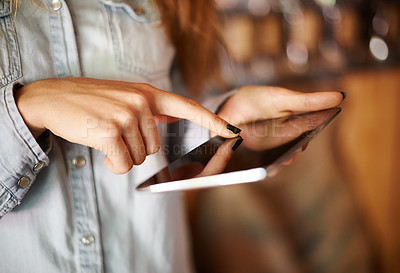 Buy stock photo Ecommerce, hands and tablet with store manager in boutique for inventory, online order or stock. Business, management and technology with shop owner closeup in retailer for sale checklist on app