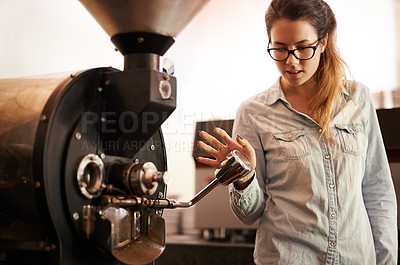 Buy stock photo Coffee machine, process and roast with barista woman in kitchen of cafe for brewing or hospitality. Caffeine, equipment and service with waitress in restaurant for retail sale of fresh beverage