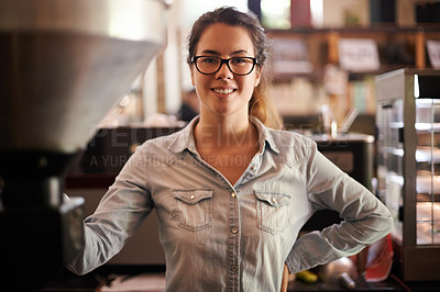 Buy stock photo Coffee machine, portrait and process with barista woman in kitchen of cafe for brewing or hospitality. Caffeine, equipment and smile with waitress in restaurant for retail sale of fresh beverage