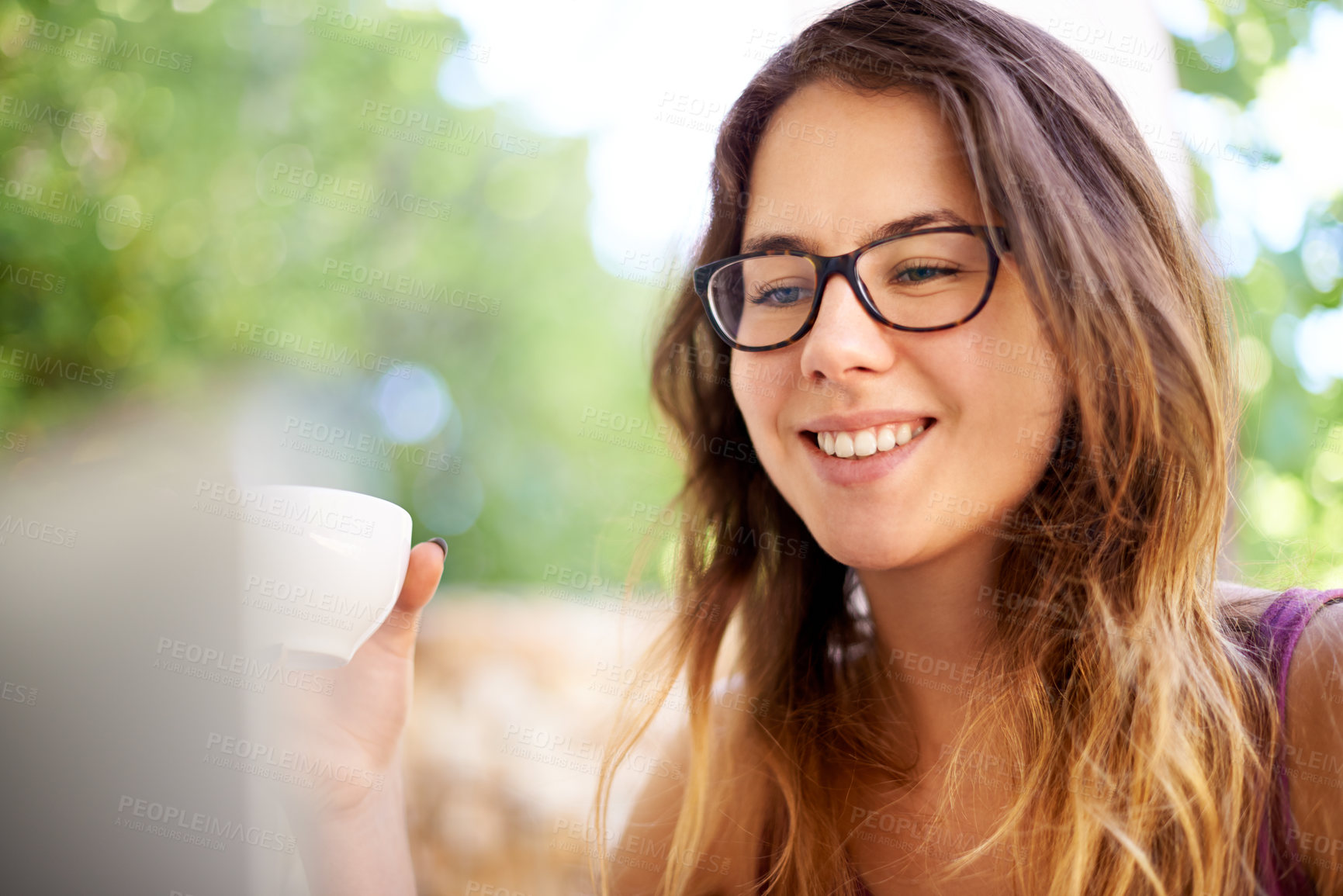 Buy stock photo Journalist, smile and cafe with coffee shop, laptop and writing for blog or article. Woman, idea and technology for remote work, planning proposal and research for copywriting or freelance career