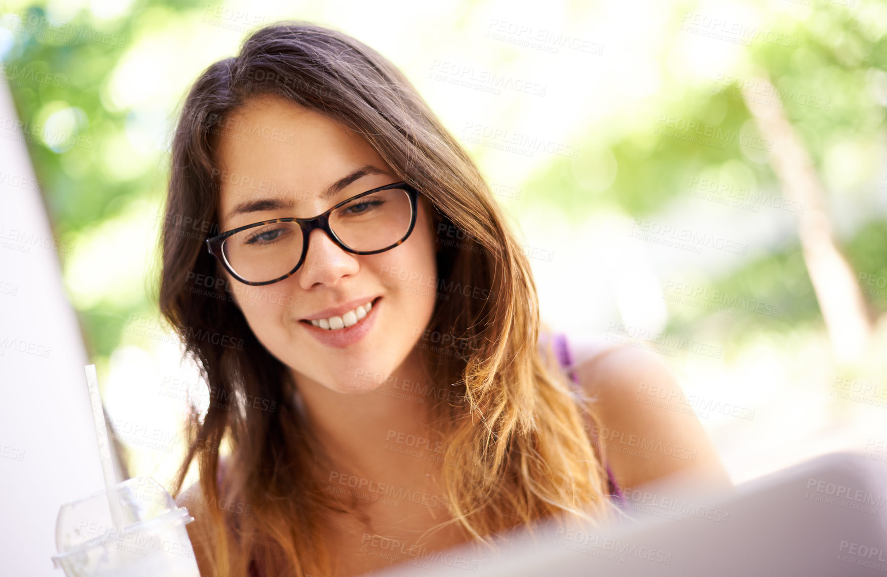 Buy stock photo Journalist, smile and cafe with laptop, reading and writing for blog or article. Woman, coffee shop and technology for remote work, check proposal and research for copywriting or freelance career