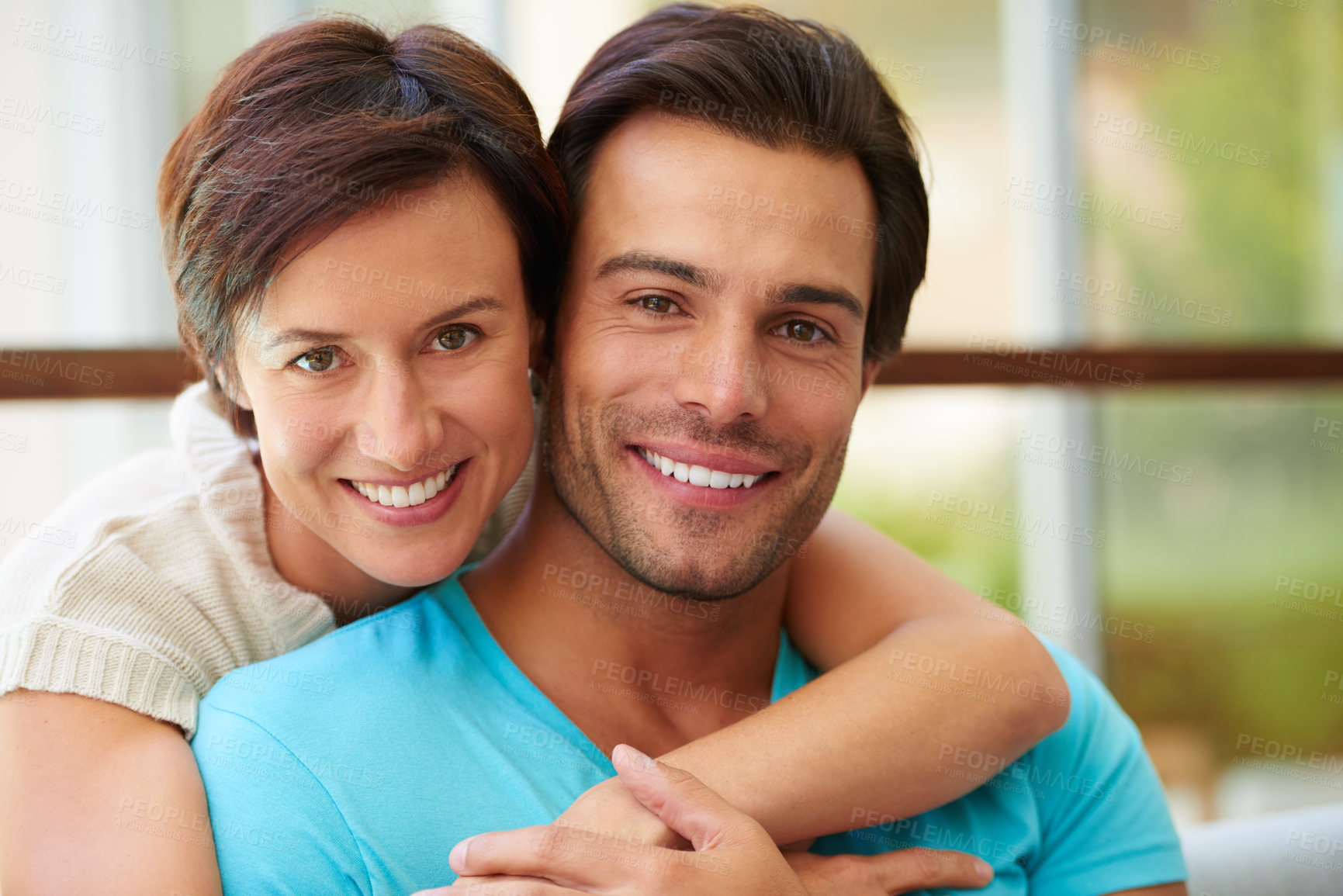Buy stock photo Portrait, happy and couple with hug at house for real estate achievement, property security and bonding. Smile, people and embrace for house investment, relocation support and relationship commitment