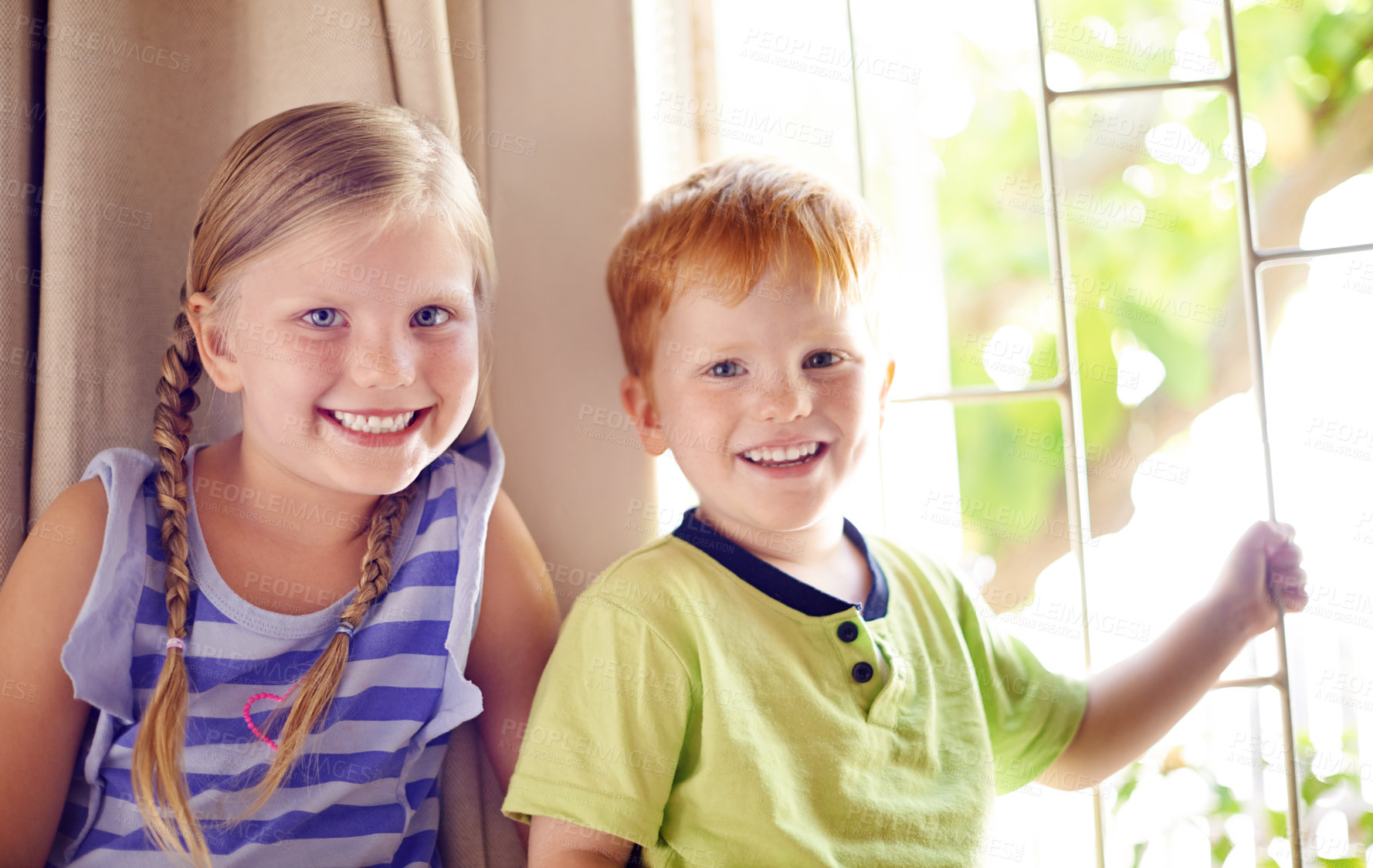 Buy stock photo Happy, fun and portrait of children in home for playing, bonding and sibling connection. Cute, sweet and face of kids chilling together in living room for school holiday or weekend break in house.