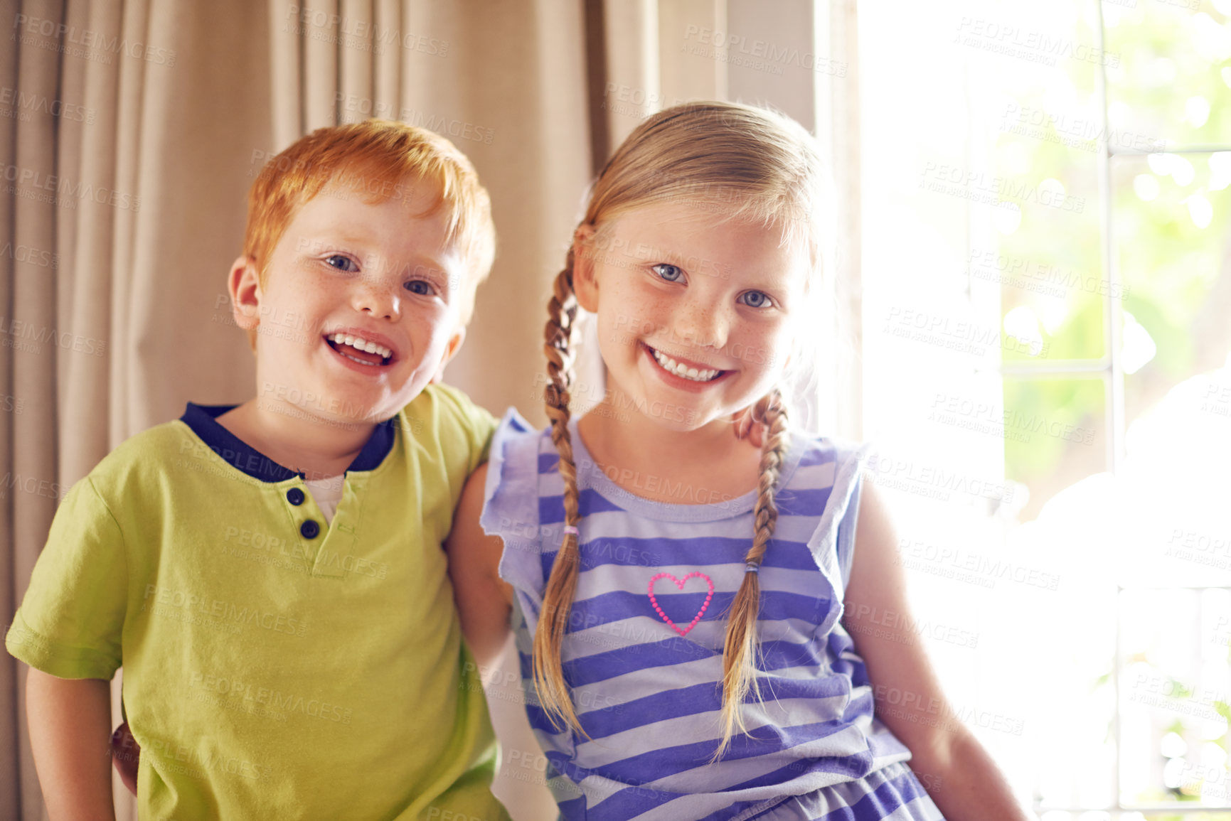Buy stock photo Happy, relax and portrait of children in home for playing, bonding and sibling connection. Cute, sweet and face of kids chilling together in living room for school holiday or weekend break in house.