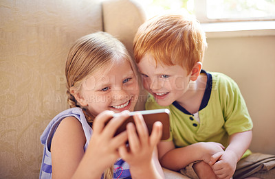 Buy stock photo Smile, children and selfie with love at house for photography, siblings memory and bonding together. Happy, kids and profile picture update with affection, social media post and family connection 