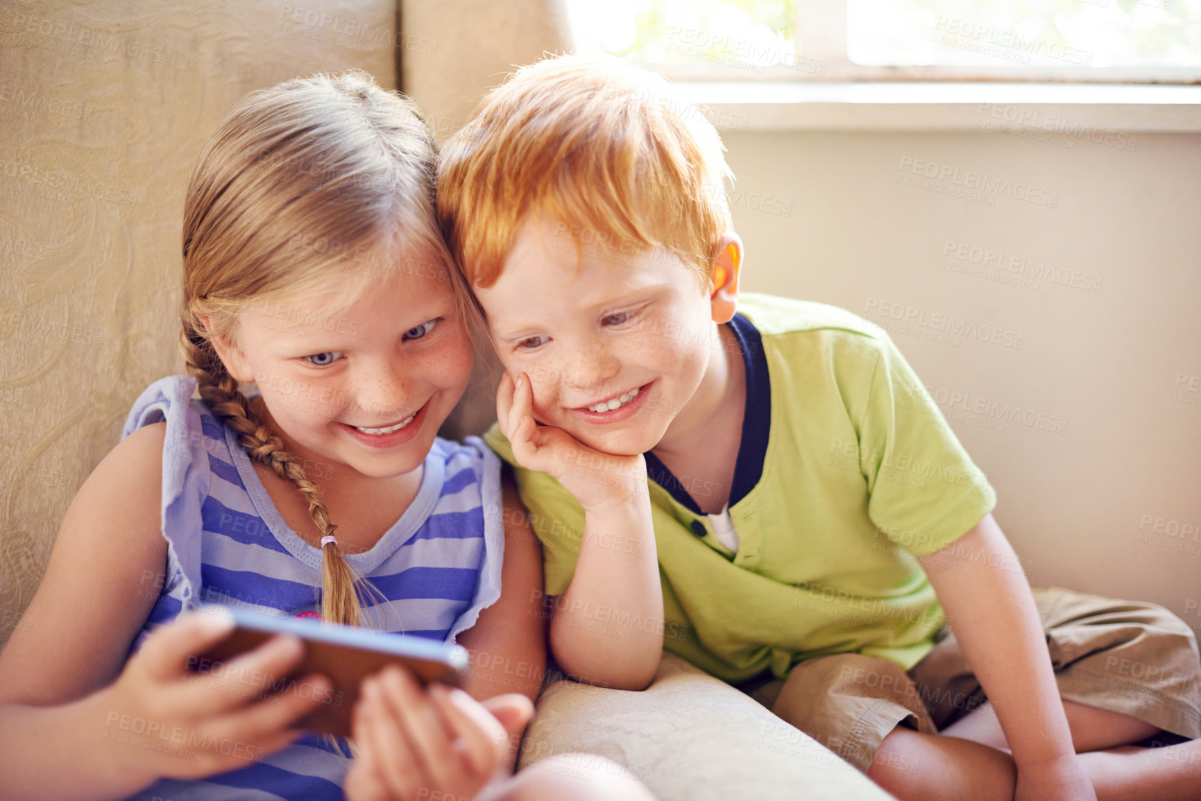 Buy stock photo Happy, children and selfie for love at house of photography, siblings memory and bonding together. Smile, kids or rest of profile picture update, family affection and social media post of connection
