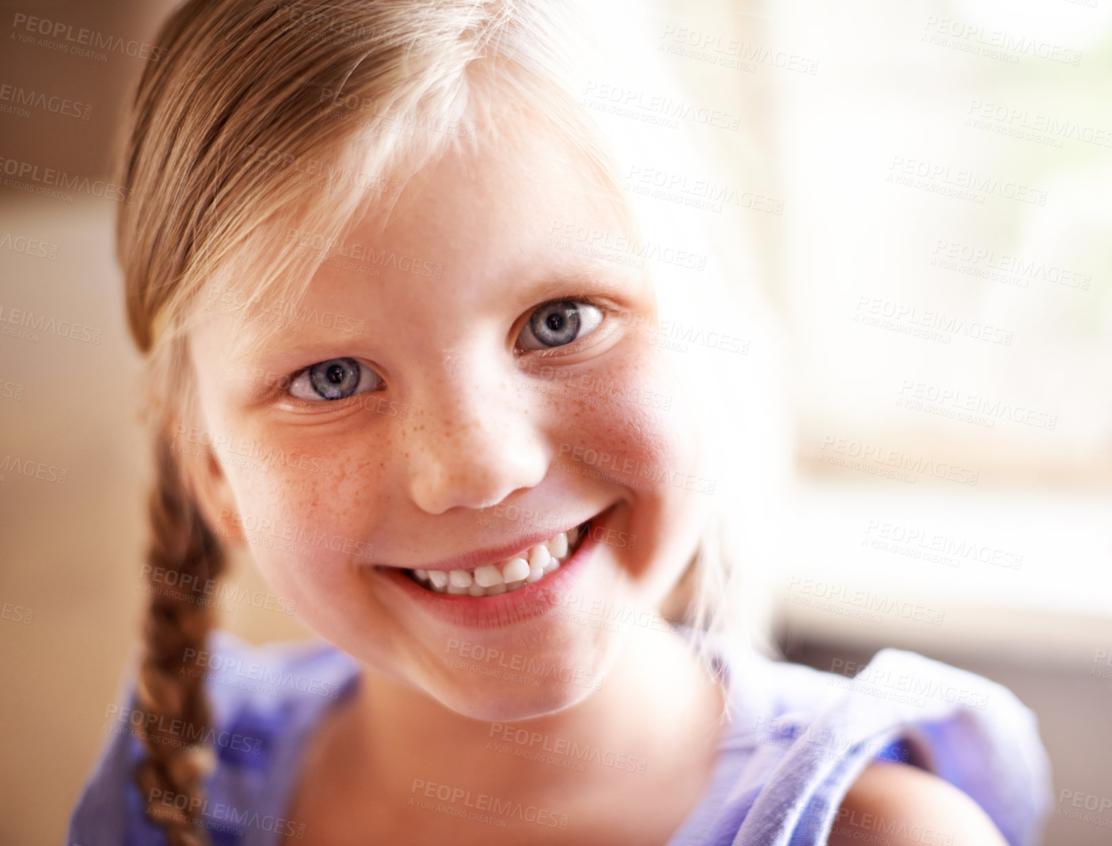 Buy stock photo Portrait, smile and girl child in home for relax, weekend and break in living room. Cute face, young and happy kid in house to chill, adorable and positive for development or growth in Switzerland