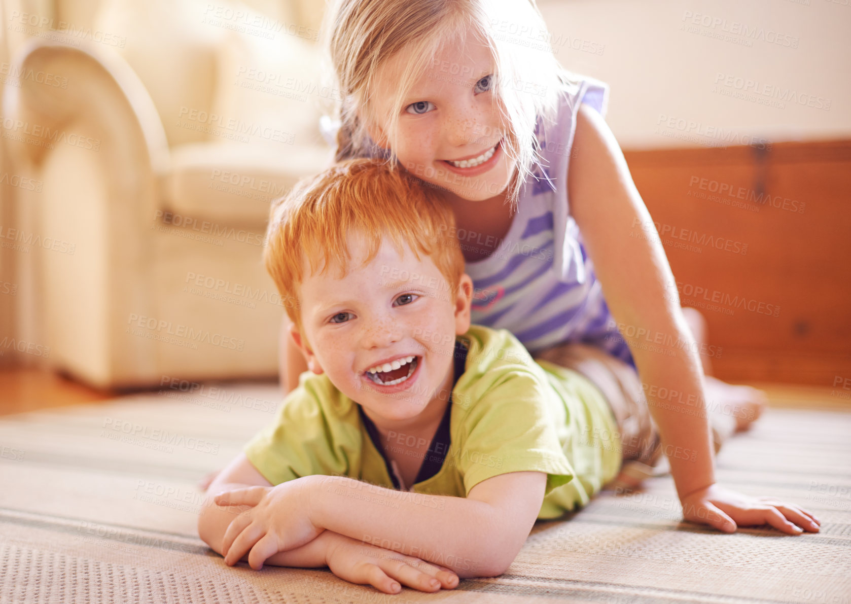 Buy stock photo Portrait, girl and boy playing with siblings in home for bonding, love and happiness in childhood. Fun, games and family on living room floor for playful children with brother and sister in house