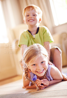 Buy stock photo Family, girl and boy playing with siblings in home for bonding, love and happiness in childhood. Fun, games and portrait on living room floor for playful children with brother and sister in house