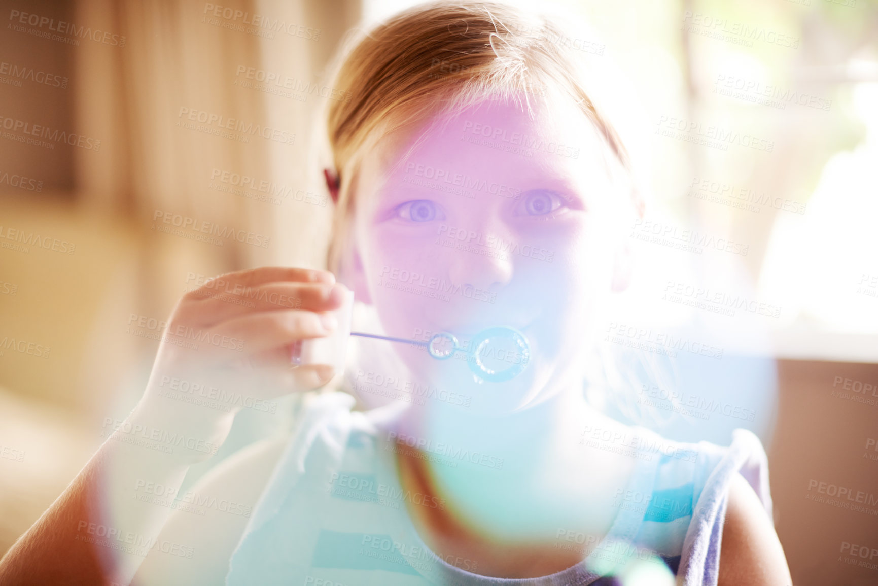 Buy stock photo Girl, child or blowing bubbles in portrait for entertainmen, cognitive development or creative activity. Bokeh, kid or wand with liquid soap for playing fun game, coordination or motor skills in home