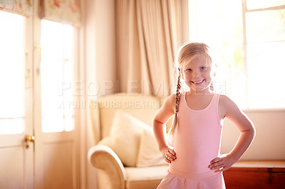 Buy stock photo Kid, portrait and ballet for dance, confidence and skill in living room for growth or fun in home. Child, girl and smile with dancer, practice or development for creative fun in house lounge