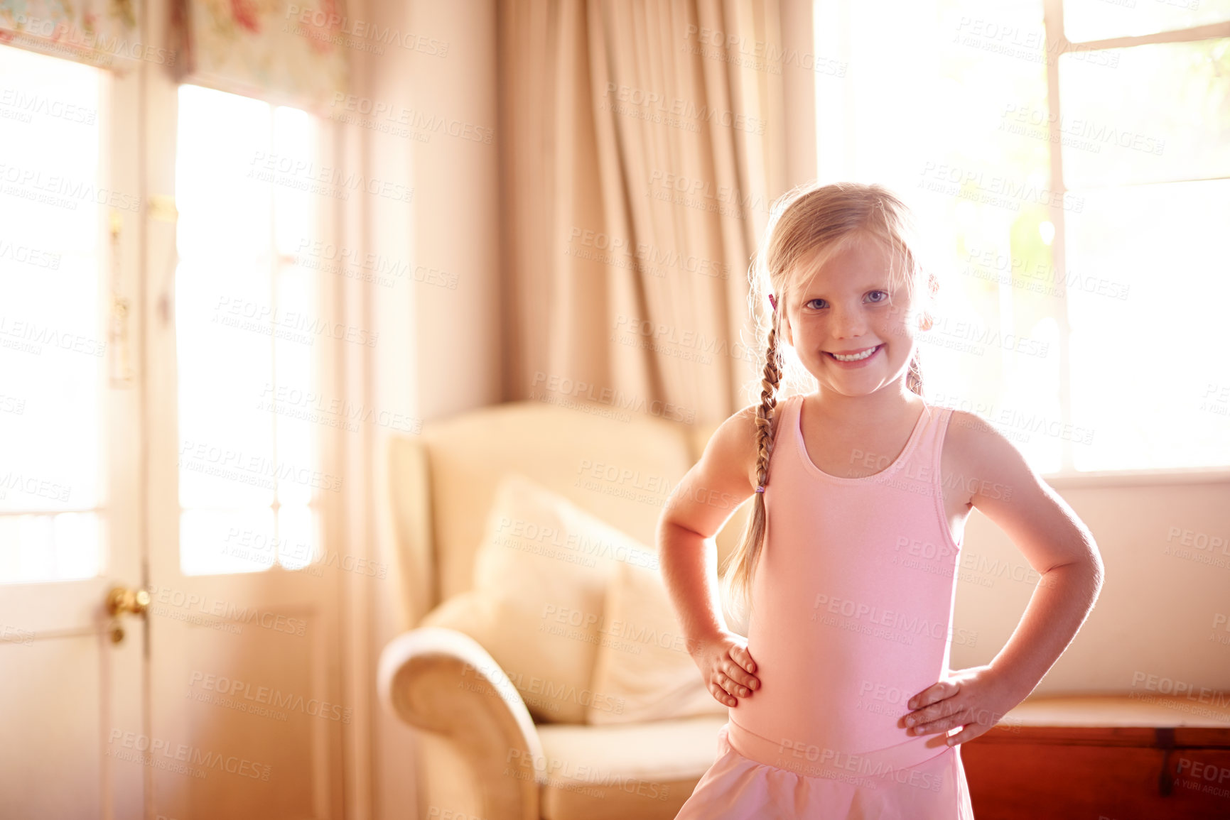 Buy stock photo Kid, portrait and ballet for dance, confidence and skill in living room for growth or fun in home. Child, girl and smile with dancer, practice or development for creative fun in house lounge
