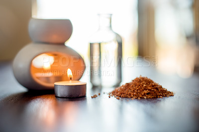 Buy stock photo Powder, spa and aromatherapy product on table with candles, peace and natural fragrance. Holistic health, hospitality service and incense with essential oil for self care at luxury wellness salon