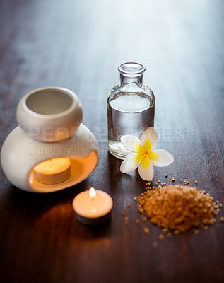 Buy stock photo Incense, spa and aromatherapy candle on table with flower, peace and natural fragrance. Holistic health, hospitality service and powder with essential oil for self care at luxury wellness salon